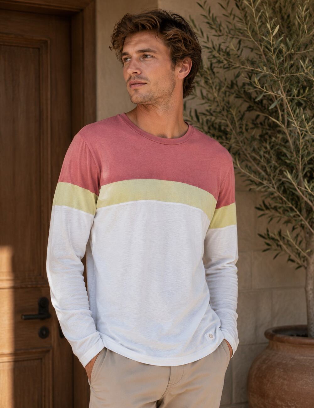 Marine Layer Coral White Colorblock Long Sleeve Tee Shirt Mens M Jacob Casual